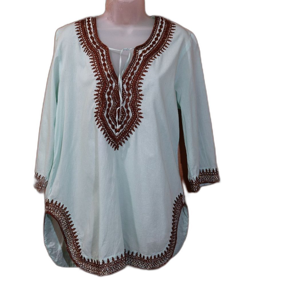 Soft Surroundings Light Blue Blouse with Brown Detailing Boho Hippie Embroidered